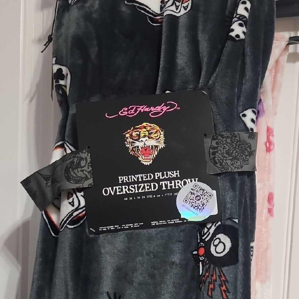Ed Hardy Gray Printed Plush Throw